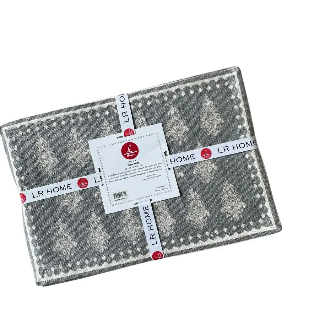 LR HOME Damask Print Placemats 13x19 Cotton Gray & Cream Set of 4 NEW